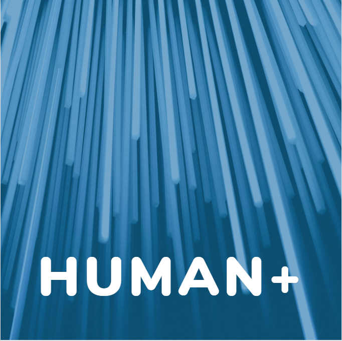 Post-digital era Human+ worker on blue tech background