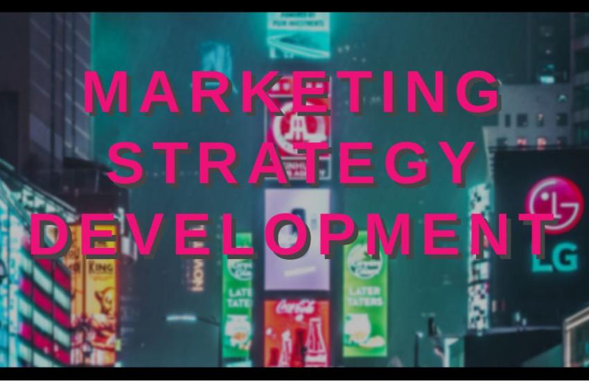 marketing strategy development pink text on tokyo background