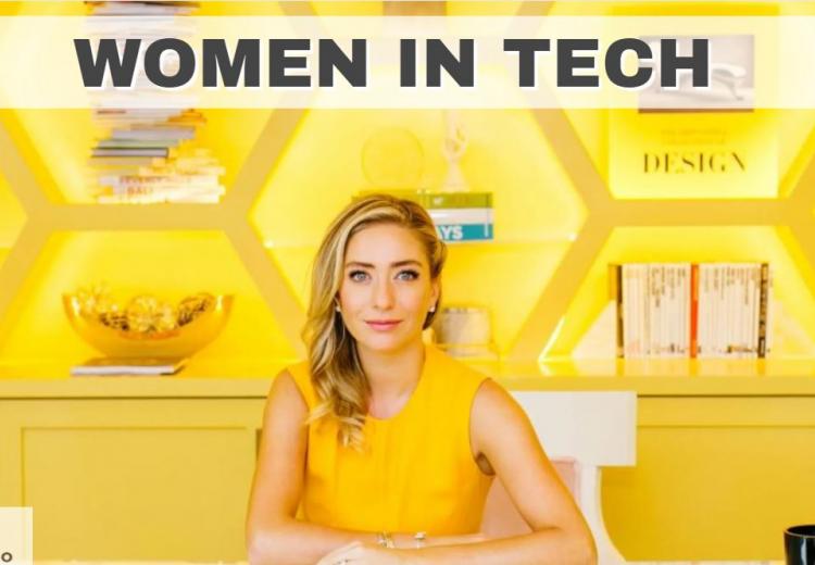 Influential women in tech and Whitney Wolfe Herd at a desk in a yellow dress